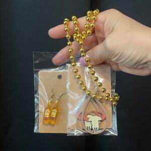 Fun Gold Beaded Necklace with 2 pairs of Earrings Set